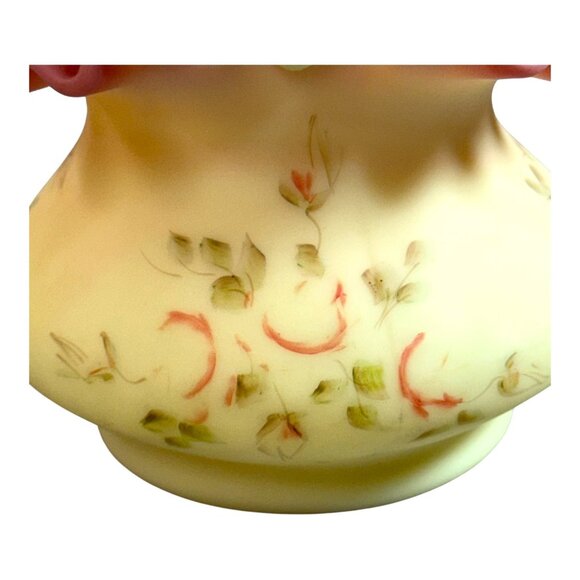 Fenton Hand-Painted Burmese Satin Glass Basket Ruffled Edge Floral Signed G Finn - Picture 2 of 9